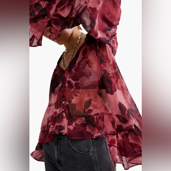 Free People Pink/Reddish Burgundy Day Dreaming Ruffle Trim Top - Picture 4 of 5